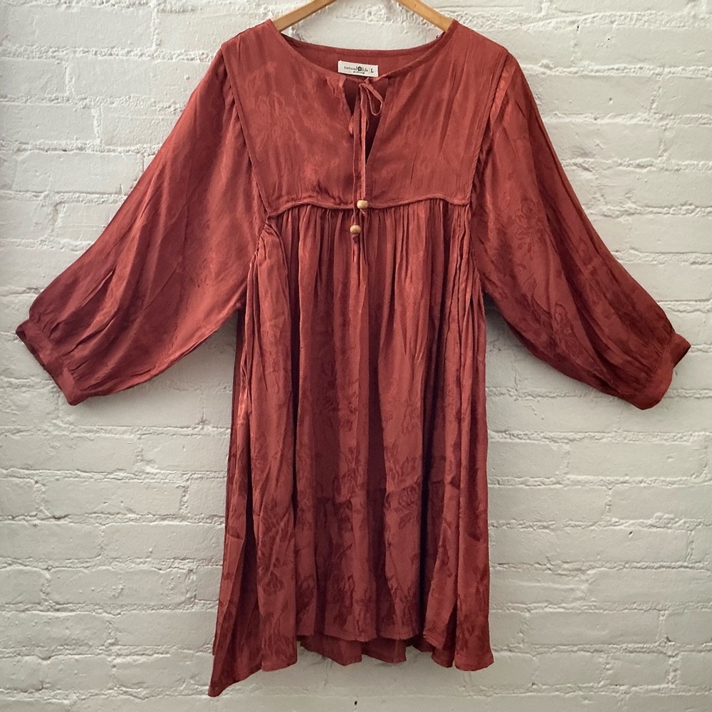 Natural Life Flowy Babydoll Mini Dress Rust Orange Boho Whimsical Fairy Size L